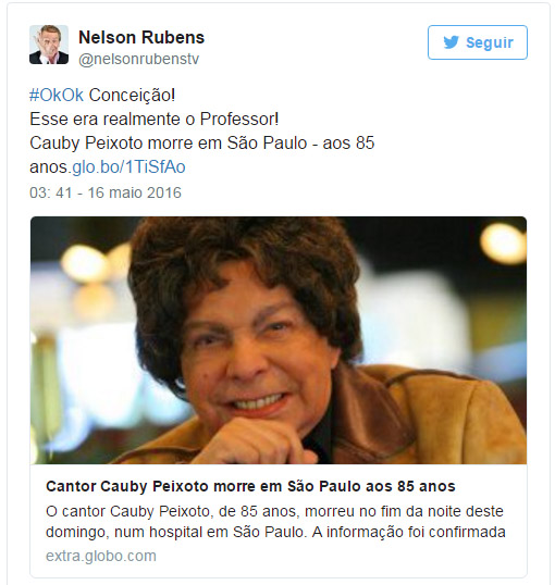 Morte de Cauby Peixoto é comentada por artistas e amigos em redes sociais