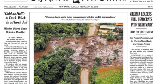 New York Times sobre barragem de Brumadinho: tragédia que pode se repetir