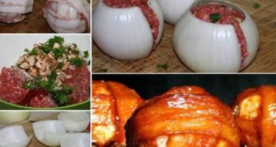 Uma deliciosa receita de cebolas recheadas com carne moída e bacon