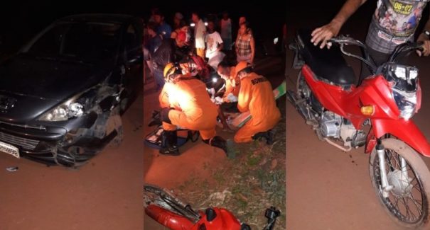 Mulher fica gravemente ferida em colisão entre carro e moto