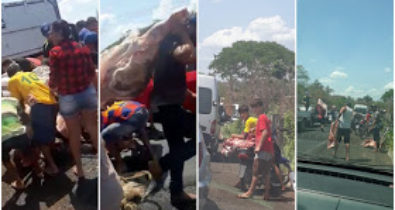 Moradores saqueiam carga de carne após caminhão frigorífico tombar na BR-226