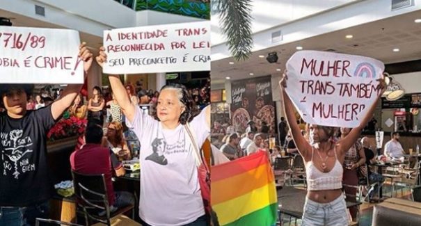 Manifestantes fazem protesto em shopping acusado de transfobia