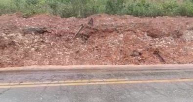 Forte chuva provoca queda de barreira na BR-010