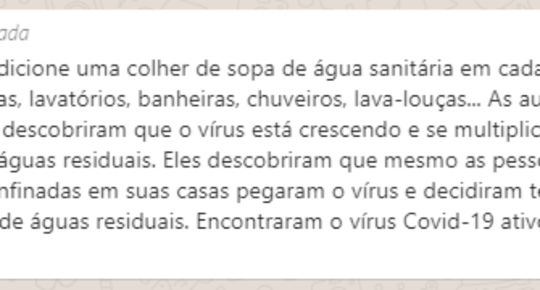 Jogar água sanitária em rede de esgoto evita contaminação pelo coronavírus? Checamos!