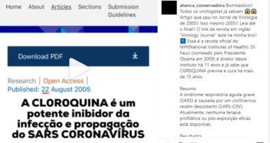 Pesquisa de 2005 comprova a eficácia da cloroquina contra o covid-19? Checamos!
