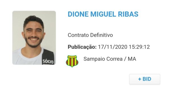 Regularizado, meia Dione fica à disposição do Sampaio contra a Chapecoense