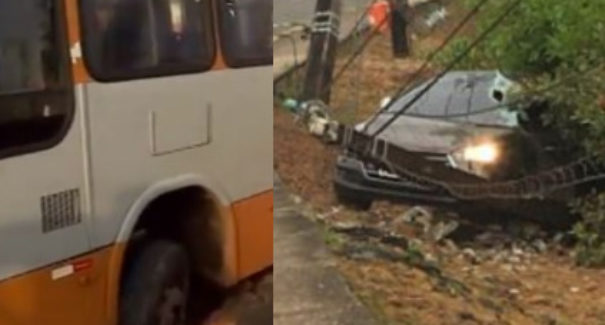 Dois acidentes registrados nesta manhã: Carro bate em poste e ônibus fica atolado