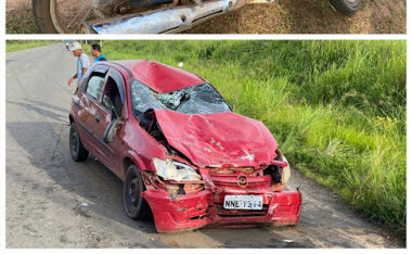 Acidente na BR-222 deixa um motociclista ferido e carro parcialmente destruído