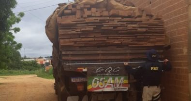 PRF apreende caminhão com carga irregular de madeira na BR-230