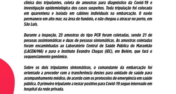 Tripulantes de navio em quarentena têm resultado positivo para Covid-19