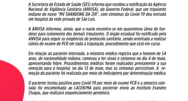 Tripulação de navio entra em quarentena após indiano testar positivo para Covid-19