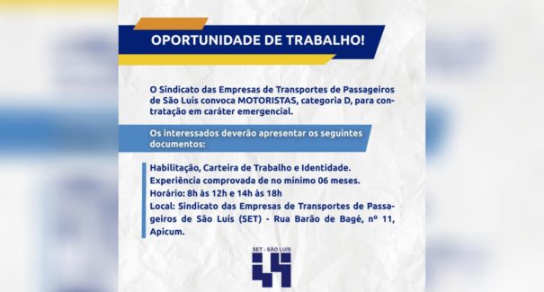 SET anuncia contratação emergencial de motoristas  categoria D em São Luís