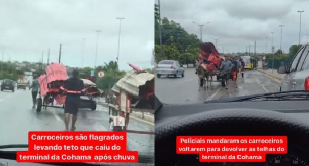 Carroceiros são flagrados recolhendo telhado do Terminal de Integração da Cohama