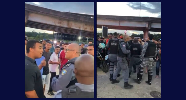 Policial empurra e derruba manifestantes em protesto no elevado na Cohama, em São Luís