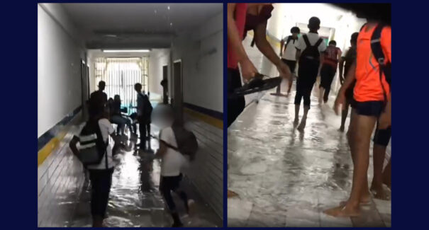 Parte de forro cede e escola municipal fica alagada após chuva forte em São Luís