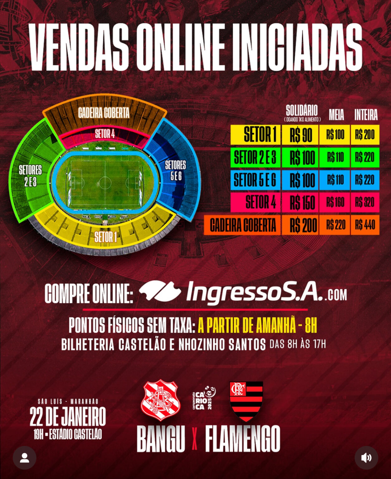 Ingressos para o jogo Bangu x Flamengo em São Luís já estão à venda