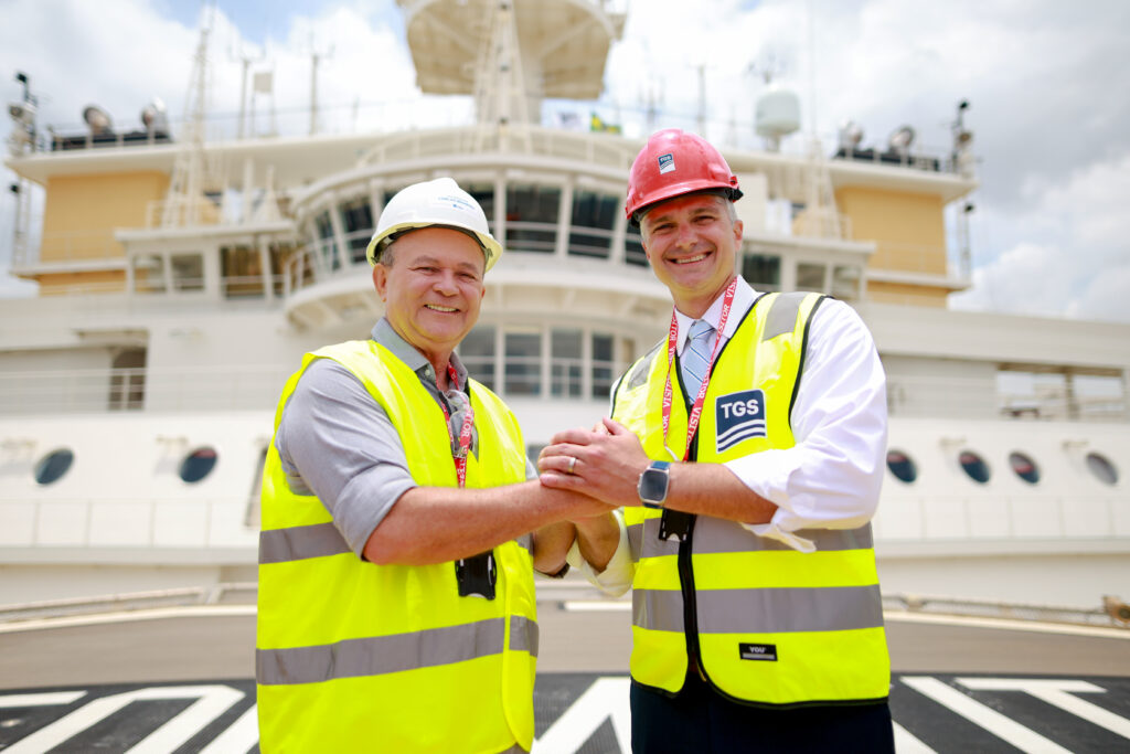 O navio Ramform Titan, da empresa norueguesa TGS, atracou nesta quarta-feira (22/10) (Foto: Divulgação)