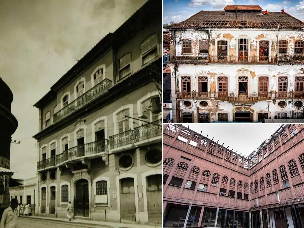 À esquerda, Palacete da Rua Formosa em 1954 (W. Mendonça/Acervo Iphan).
À direita, imagens de 2023 (Albani Ramos/Acervo Instituto Pedra).