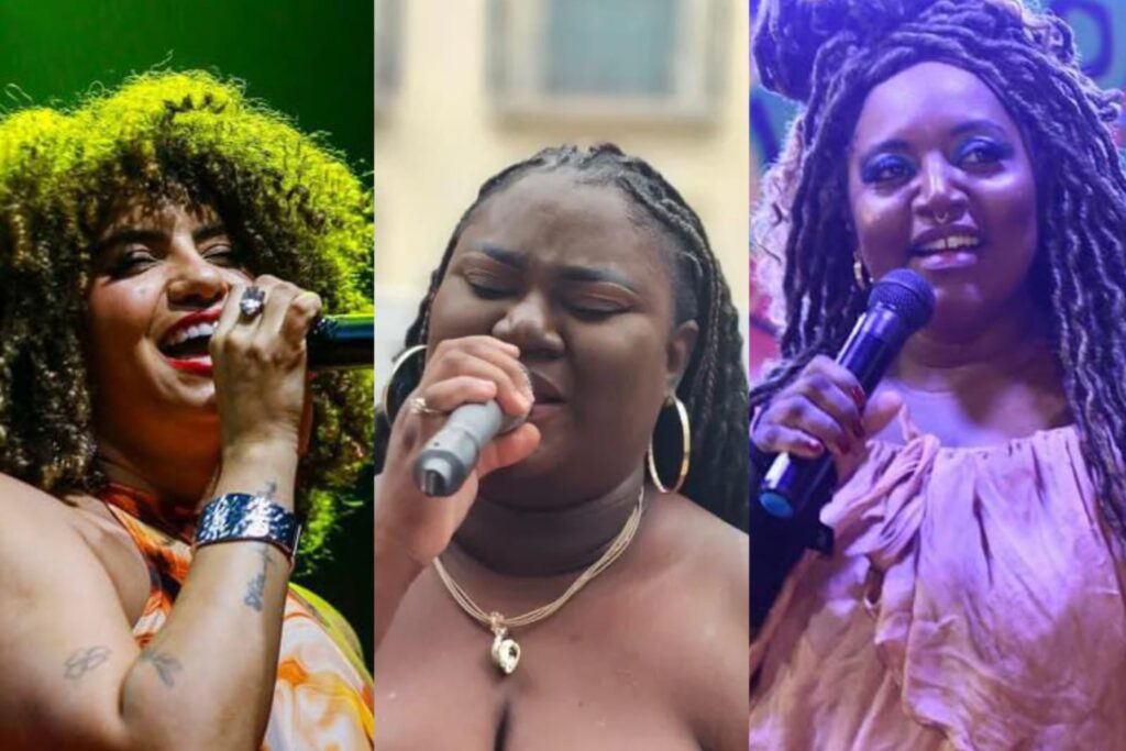 Sol Maranhão, Maaya Black e Luciana Pinheiro, que sobem ao palco para celebrar a presença feminina no samba maranhense (Foto: Reprodução)