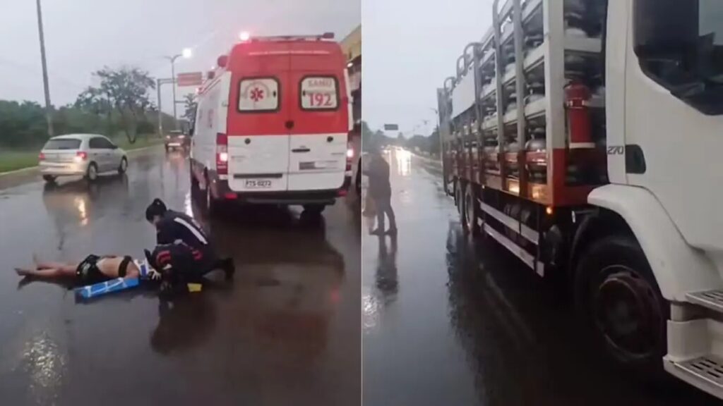 Mesmo após a chegada dos socorristas, o motorista do caminhão permaneceu posicionado para garantir a segurança da vítima e da equipe médica (Foto: Reprodução)