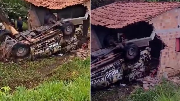 Viatura da Polícia Penal capota e atinge casa na MA-106, em Bequimão