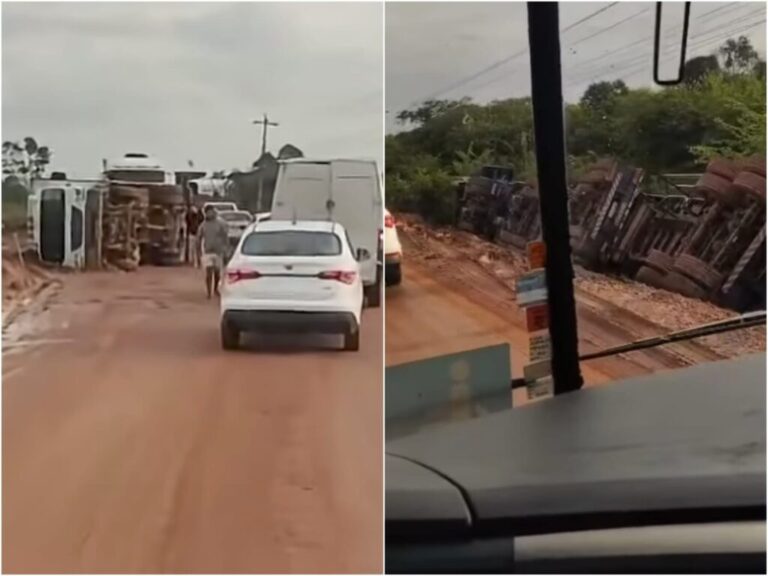 BR-135: cinco caminhões tombam em trecho de obras e travam trânsito entre São Mateus e Matões do Norte