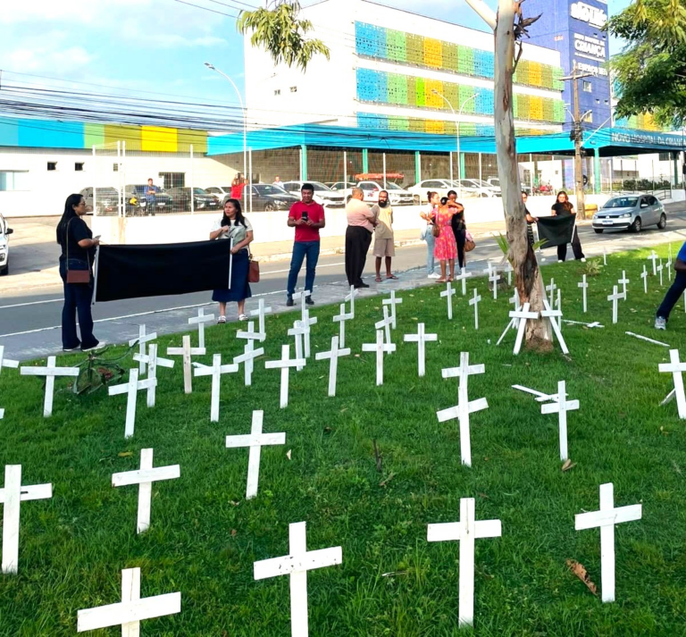 Mais de 100 cruzes marcam protesto em frente ao Hospital da Criança por apuração de mortes em UTIs